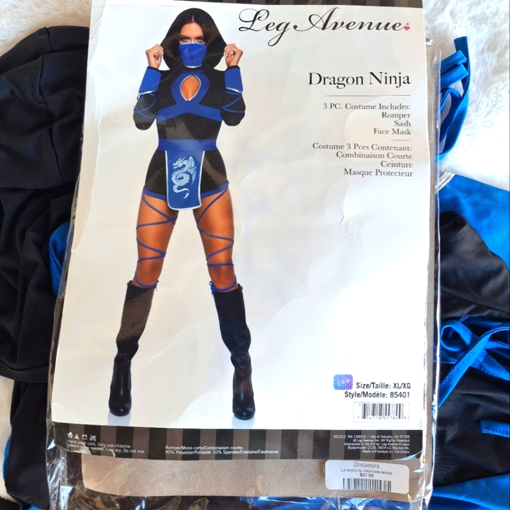 Halloween Dragon Ninja Leg Avenue Costume Blue Black XL Hooded Long Sleeve Cuffs